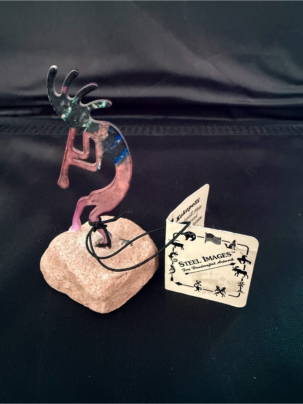 Handcrafted Multicolor Kokopelli Metal Sculpture on Stone Base by Steel Images